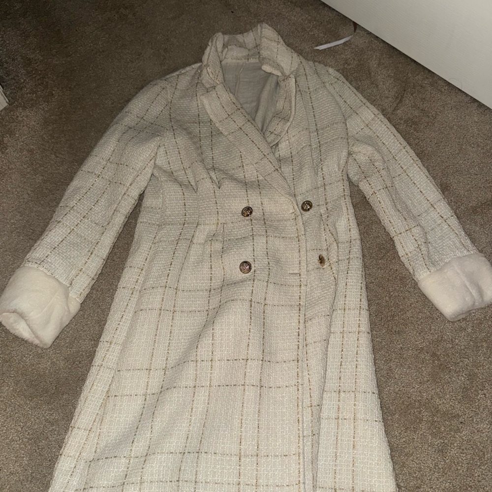 SHEIN Cream Plaid Double-Breasted Trench Coat